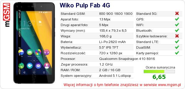 Dane telefonu Wiko Pulp Fab 4G