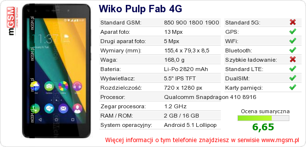 Dane telefonu Wiko Pulp Fab 4G