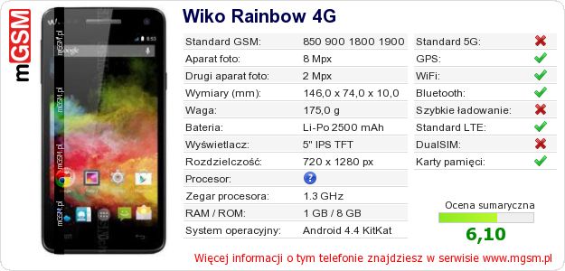 Dane telefonu Wiko Rainbow 4G