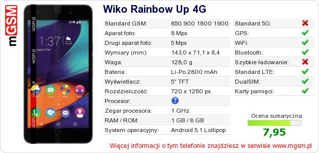 Dane telefonu Wiko Rainbow Up 4G Dane telefonu Wiko Rainbow Up 4G