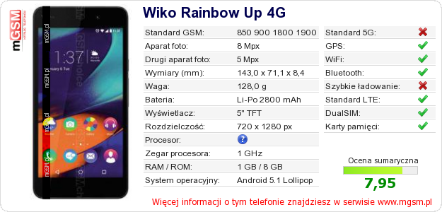 Dane telefonu Wiko Rainbow Up 4G