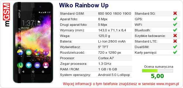 Dane telefonu Wiko Rainbow Up