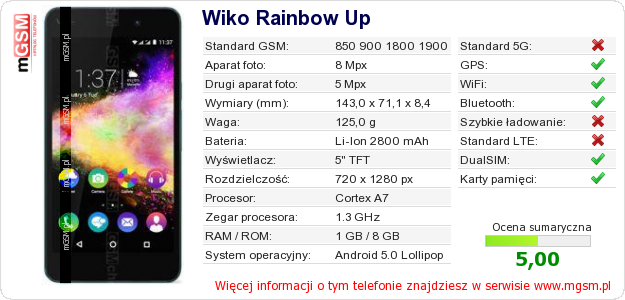 Dane telefonu Wiko Rainbow Up