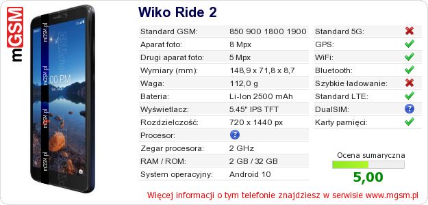 Dane telefonu Wiko Ride 2 Dane telefonu Wiko Ride 2