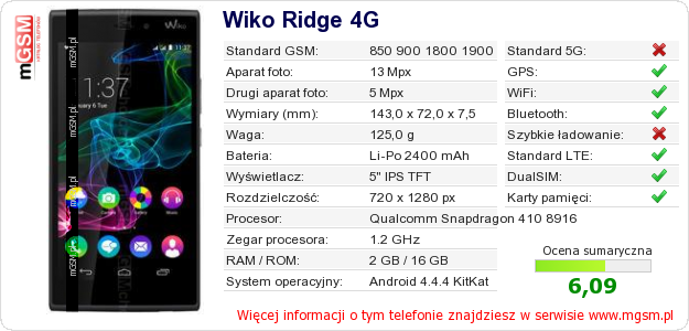 Dane telefonu Wiko Ridge 4G