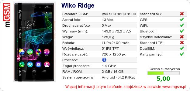 Dane telefonu Wiko Ridge