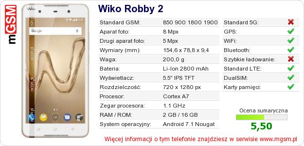 Dane telefonu Wiko Robby 2