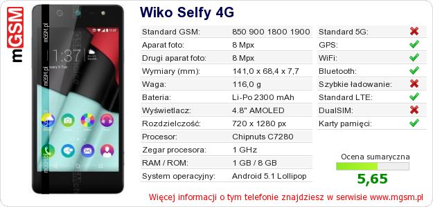 Dane telefonu Wiko Selfy 4G