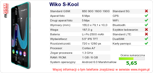 Dane telefonu Wiko S-Kool