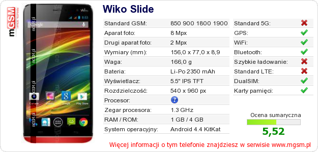 Dane telefonu Wiko Slide Dane telefonu Wiko Slide