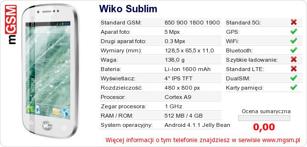 Dane telefonu Wiko Sublim
