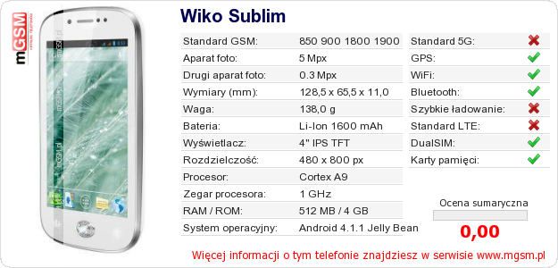 Dane telefonu Wiko Sublim
