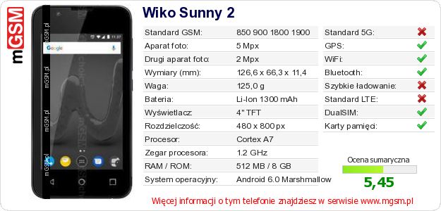 Dane telefonu Wiko Sunny 2 Dane telefonu Wiko Sunny 2