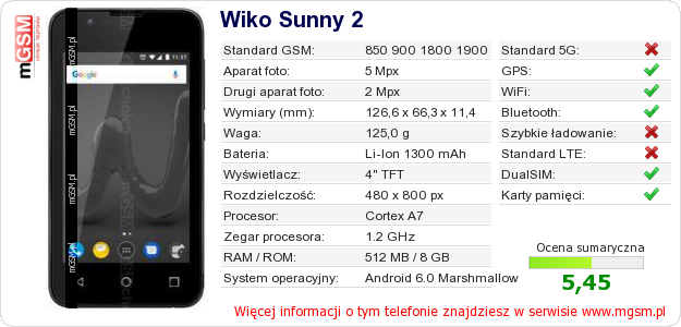 Dane telefonu Wiko Sunny 2