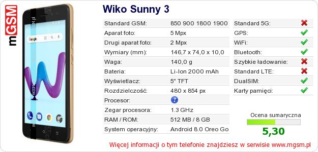 Dane telefonu Wiko Sunny 3