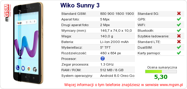 Dane telefonu Wiko Sunny 3