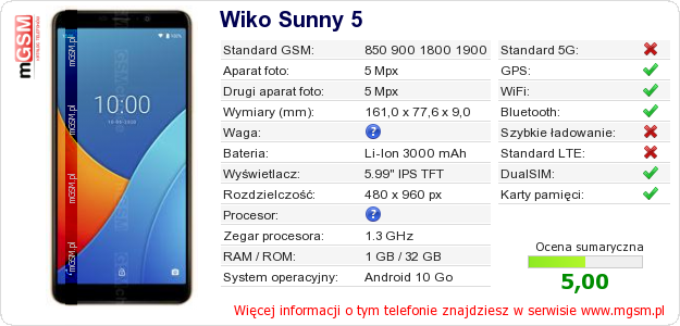 Dane telefonu Wiko Sunny 5