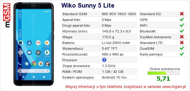 Dane telefonu Wiko Sunny 5 Lite Dane telefonu Wiko Sunny 5 Lite
