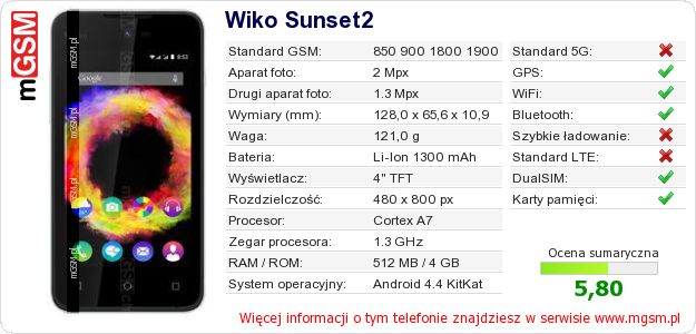 Dane telefonu Wiko Sunset2