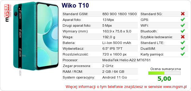 Dane telefonu Wiko T10