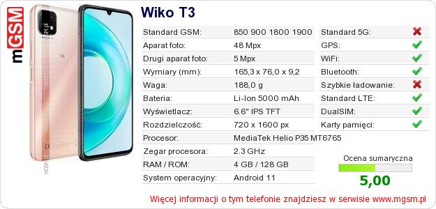Dane telefonu Wiko T3 Dane telefonu Wiko T3