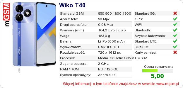 Dane telefonu Wiko T40