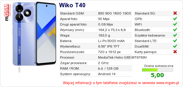 Dane telefonu Wiko T40 Dane telefonu Wiko T40