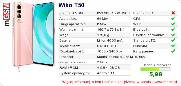 Dane telefonu Wiko T50