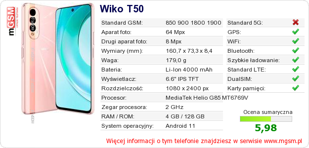 Dane telefonu Wiko T50