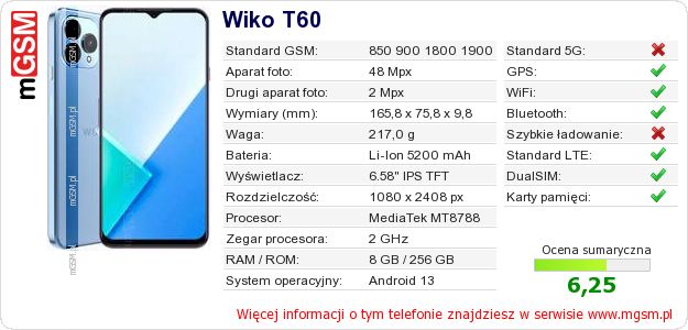 Dane telefonu Wiko T60 Dane telefonu Wiko T60