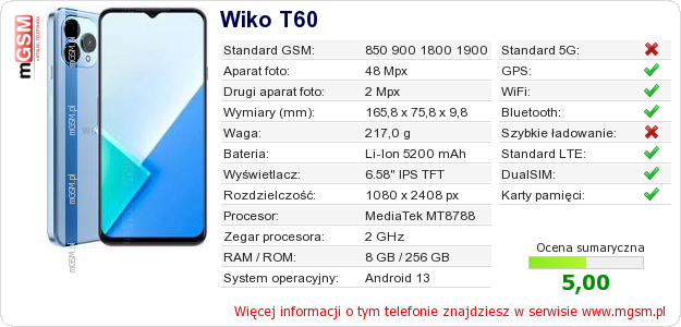 Dane telefonu Wiko T60