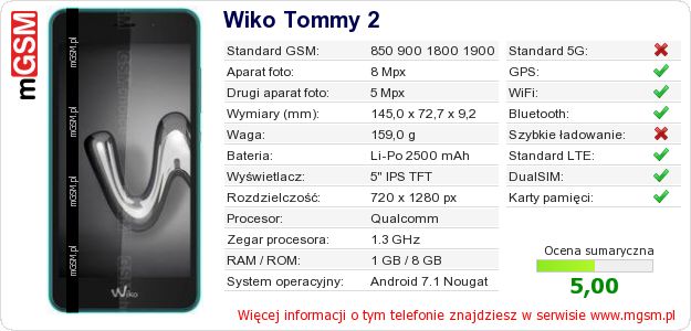 Dane telefonu Wiko Tommy 2 Dane telefonu Wiko Tommy 2