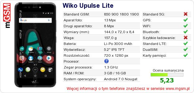 Dane telefonu Wiko Upulse Lite Dane telefonu Wiko Upulse Lite
