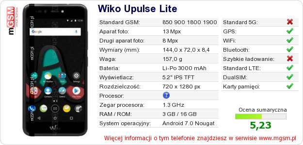 Dane telefonu Wiko Upulse Lite