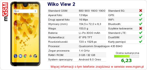 Dane telefonu Wiko View 2 Dane telefonu Wiko View 2