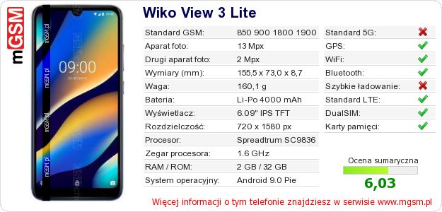 Dane telefonu Wiko View 3 Lite Dane telefonu Wiko View 3 Lite