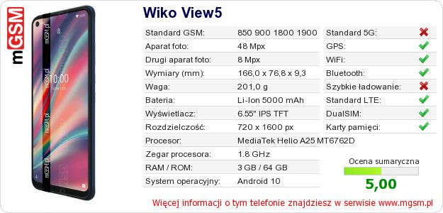 Dane telefonu Wiko View5 Dane telefonu Wiko View5