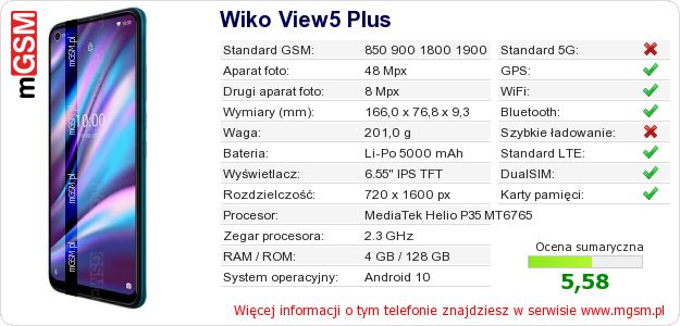 Dane telefonu Wiko View5 Plus