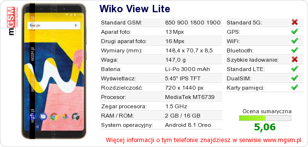 Dane telefonu Wiko View Lite Dane telefonu Wiko View Lite