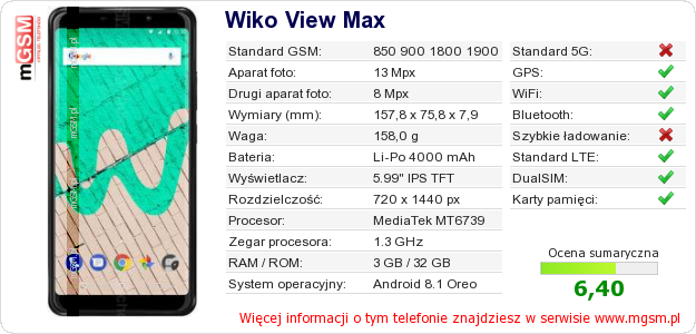 Dane telefonu Wiko View Max Dane telefonu Wiko View Max