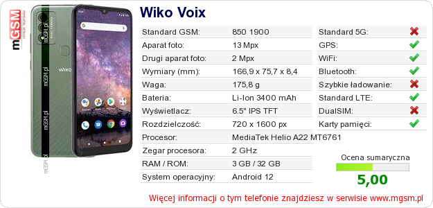 Dane telefonu Wiko Voix Dane telefonu Wiko Voix