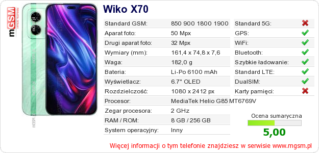Dane telefonu Wiko X70