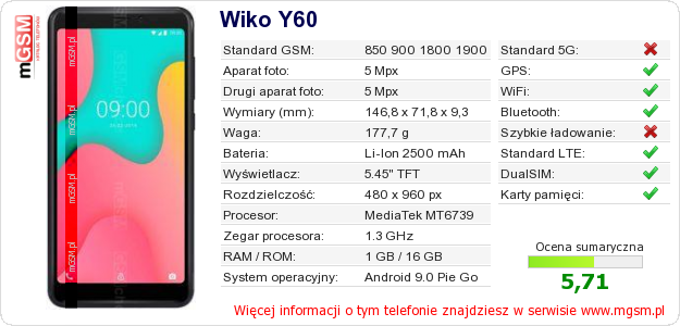Dane telefonu Wiko Y60 Dane telefonu Wiko Y60