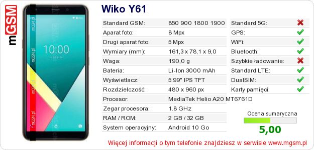 Dane telefonu Wiko Y61 Dane telefonu Wiko Y61
