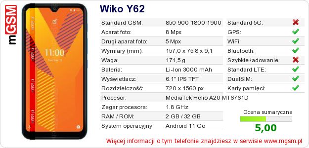 Dane telefonu Wiko Y62 Dane telefonu Wiko Y62