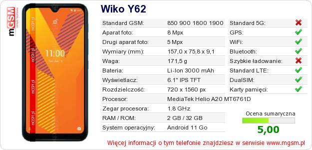 Dane telefonu Wiko Y62 Dane telefonu Wiko Y62