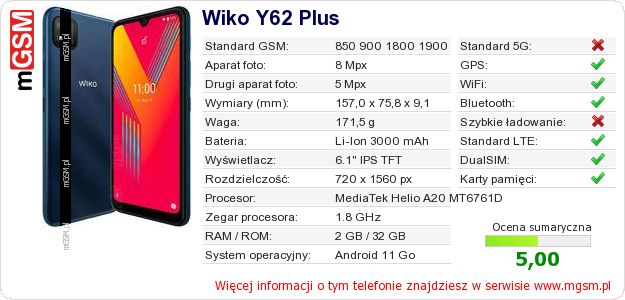 Dane telefonu Wiko Y62 Plus Dane telefonu Wiko Y62 Plus