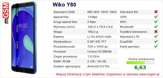 Dane telefonu Wiko Y80 Dane telefonu Wiko Y80