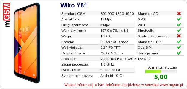 Dane telefonu Wiko Y81 Dane telefonu Wiko Y81