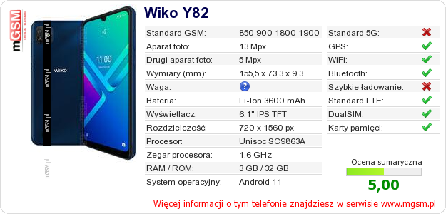 Dane telefonu Wiko Y82 Dane telefonu Wiko Y82
